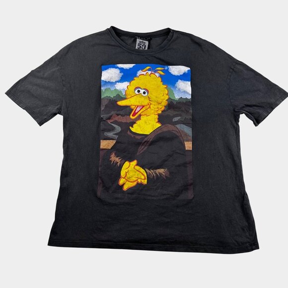 Zara Womens Distressed T-Shirt Sz S Big Bird Mona Lisa Graphic T-Shirt D.Gray - Picture 8 of 8